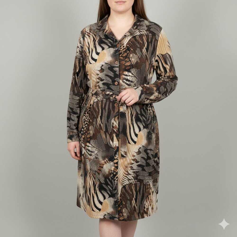 NWT AMALIA MONTIJANO (Spain) Jersey Animal Print Button Down Shirt Dress Size 16